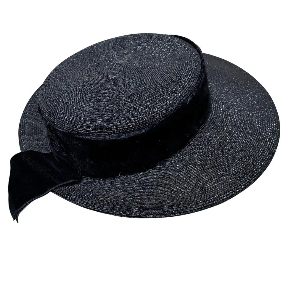 Vintage boater style ladies hat navy blue & faded red flower on velvet hatband - Picture 4 of 9
